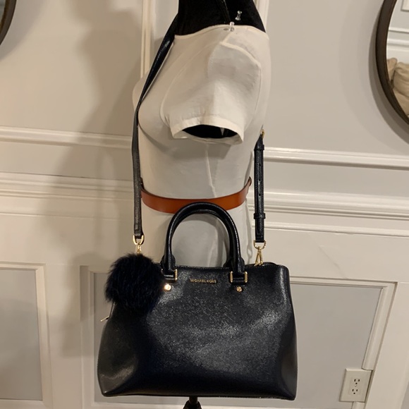 Michael Kors Bag Savannah Navy Admiral Tri-compartment Satchel Bag Poof Keychain - Picture 10 of 17